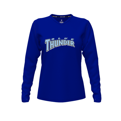 [CUS-DFW-TEES-CMF-VNK-LSL-RYL-FYXS-LOGO3] Decker Comfort T-Shirt (Female Youth XS, Royal, V Neck, Logo 3, Long Sleeve)